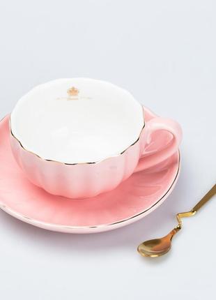 Чашка керамічна з блюдцем та ложкою 200 мл рожева1 фото