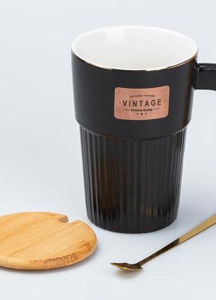 Чашка керамічна з ложкою та бамбуковою кришкою 400 мл чорна2 фото