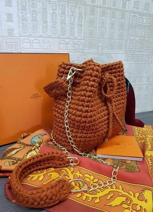 Стильна сумка з пряжі, цегляного модного кольору. сумка жіноча в'язана, кежуал. київ дніпро2 фото