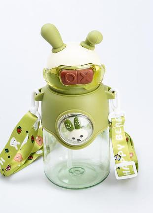 Дитяча пляшка для води з трубочкою з ремінцем зелена пляшечка для води2 фото