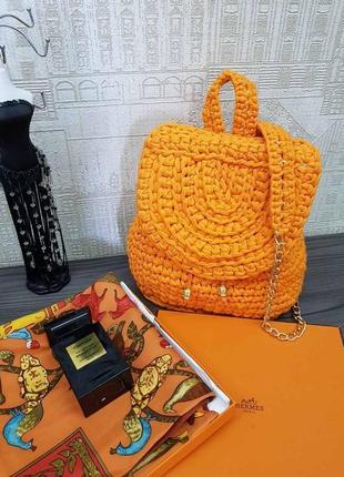 В'язаний рюкзачок, жіночий рюкзак з пряжі, помаранчевий яскравий рюкзак. міні рюкзачок3 фото