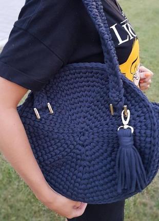 Кругла в'язана сумочка, синя сумка з пряжі, кежуал, кругляшка, київ дніпро одеса2 фото