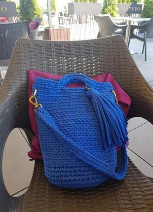 Яскрава синя в'язана сумка, сумка ультрамарин, кежуал, стильна сумка київ, харків5 фото