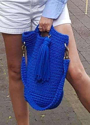 Яскрава синя в'язана сумка, сумка ультрамарин, кежуал, стильна сумка київ, харків6 фото