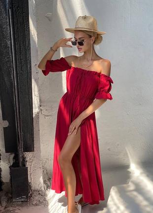 Платье женское длинное миди с разрезом легкое нарядное красивое розовое белое черное бордовое красное летнее весеннее на весну лето плата с открытыми плечами4 фото