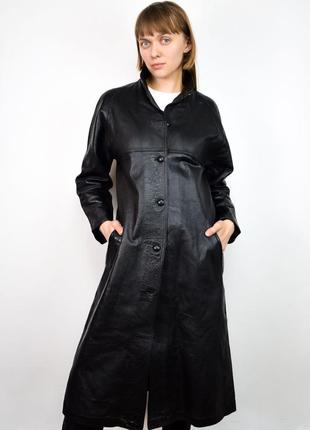 Черное кожаное пальто плащ1 фото
