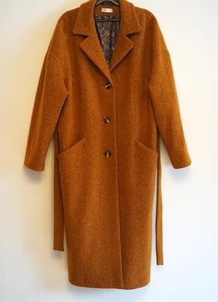 Пальто великого розміру на гудзиках під пояс - 100% вовна колір кемел3 фото