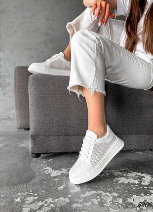 Білі базові жіночі кросівки кеди з сіткою з натуральної шкіри шкіряні кросівки кеди з наскрізною перфорацією літні кросівки8 фото