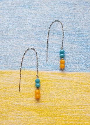 Патріотичні сережки протяжки з мед. сталі; з намистинами у кольорах флагу україни2 фото