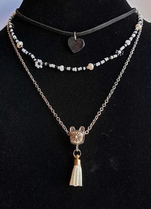 Стильний тройний чокер з бісером, перлами, замшевою кисточкою і др.6 фото