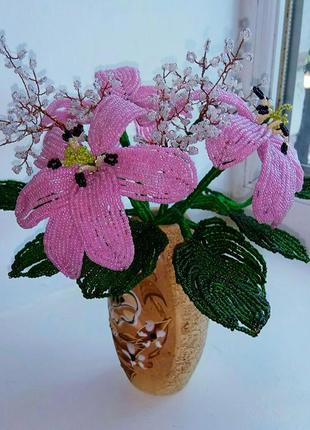 Цветы из бисера композиция в вазе1 фото