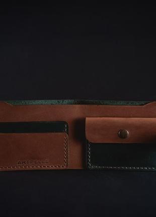 Кожаный мужской кошелек потрмоне зеленый с коричневым, чоловічий гаманець2 фото