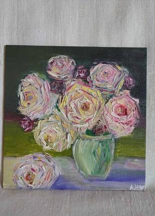 Картина масло "букет роз в саду" импасто