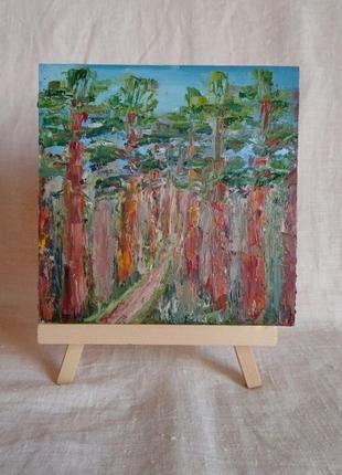 Картина открытка миниатюра маслом "тропинка в лесу" сосновый лес hlovatskaart