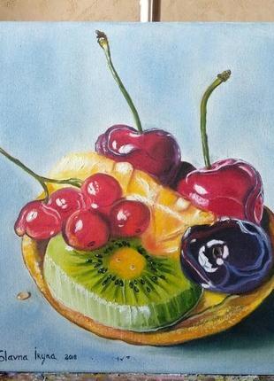 Натюрморт маслом "тарталетка з фруктами" [30х30 см]1 фото