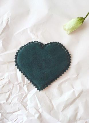 Валентинка магніт серце, смарагдове серце, об'ємна м'яка валентинка, замшеве зелене серце