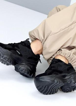 Новые молодежные кроссы сникерсы девчачье черные, замша с текстилем массивная толстая подошва4 фото