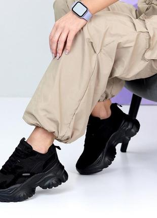 Новые молодежные кроссы сникерсы девчачье черные, замша с текстилем массивная толстая подошва7 фото