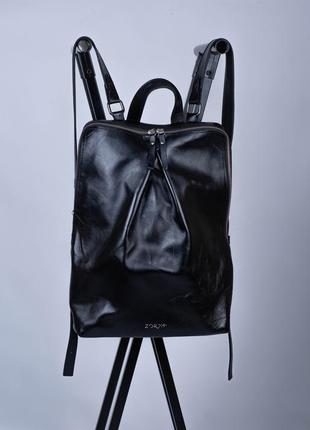 Чорний рюкзак з натуральної шкіри\вмісткий рюкзак для макбука\рюкзак-складка фонікс3 фото