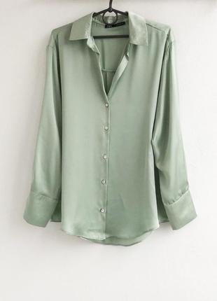 Zara сатин ментоловая рубашка блуза шелковая зара3 фото