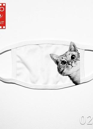 Маска белая с принтом "любопытный кот"1 фото