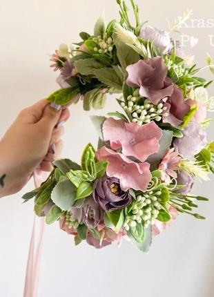 Вінок пишний на голову #3 з пастельних квітів - head-36