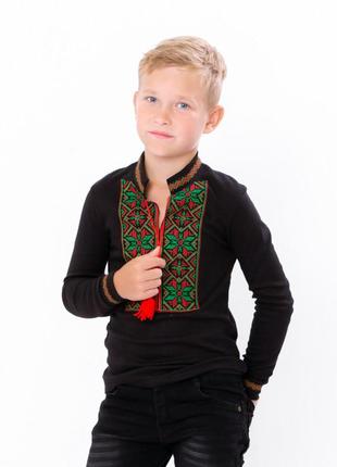 Черная вышиванка для мальчика с длинным рукавом, вышитая трикотажная рубашка2 фото