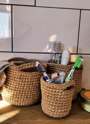 Кошик з джуту. плетена кругла корзина з ручками. органайзер.5 фото
