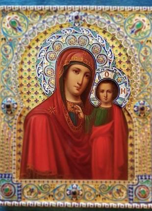 Икона божьей матери казанская в серебряном окладе с эмалью5 фото