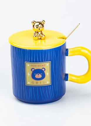 Чашка с крышкой и ложкой 300 мл керамическая медвежонок синяя