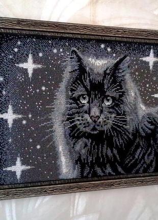 Картина вишита бісером "чорний кіт"5 фото