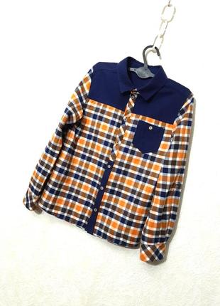 Рубашка фланелевая утеплённый хлопок в клеточку разноцветная белая-синяя-оранжевая на мальчика 8-9л