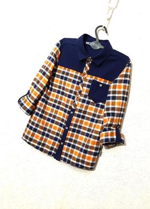 Рубашка фланелевая утеплённый хлопок в клеточку разноцветная белая-синяя-оранжевая на мальчика 8-9л4 фото