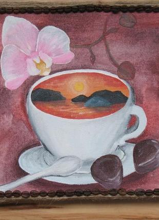 Кофе в чашке и орхидея. картина акриловыми красками на холсте.
