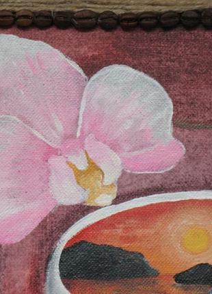 Кава в чашці і орхідея. картина акриловими фарбами на полотні.3 фото