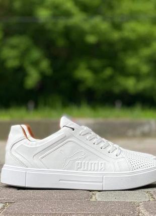 Чоловічі шкіряні білі кеди з логотипом puma, кеды летние с натуральной перфорированой кожи4 фото