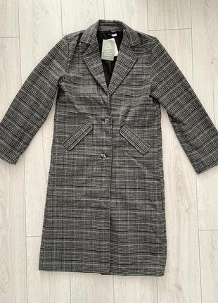 Пальто h&m темно-серое в клетку однобортное пальто длиной до икр из тканого полотна оверсайз