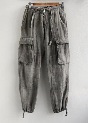 Лляні штани-шаровари в стилі бохо сірі штани джогери з льону1 фото