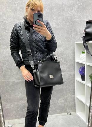 Черная – формат а4 – деловая и элегантная женская сумка с длинным регулируемым ремнем (0518)