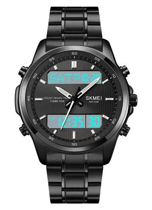 Годинник чоловічий наручний skmei 2049 на сталевому браслеті (чорні з білим табло)2 фото