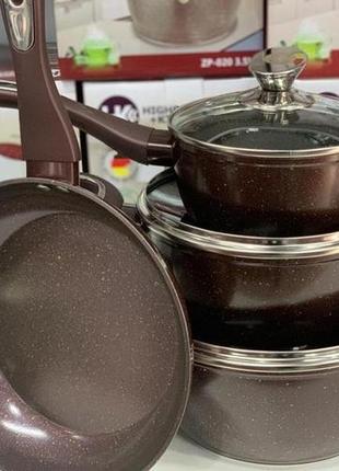 Набор посуды для дома со сковородой гранит круглый ( 7 предметов) нк-314 кофе2 фото