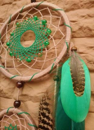 Великий ловець снів з натуральним пір'ям у бежево зеленому кольорі эльфiйка2 фото