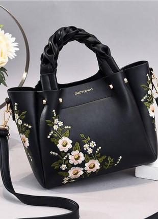 Жіноча сумка через плече з вишивкою квітами, модна та якісна жіноча сумочка шкіра повсякденна2 фото