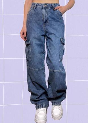 Широкие синие карго джинсы винтажного цвета с карманами из плотного денима1 фото