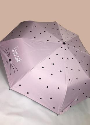 Парасолька парасоля складна компактна механічна рожева з принтом малюнком котиком котом у горошок горох написами жіноча