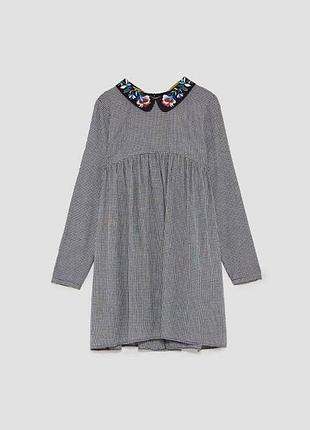 Стильное трендовое мини платье в клетку с вышитым воротником которое снимается от zara