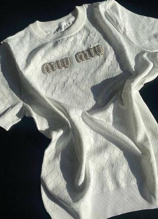 Молочная женская футболка с вышивкой бисером турция s/m, кофточка женская7 фото