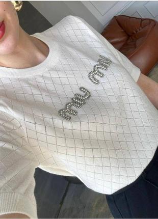 Молочная женская футболка с вышивкой бисером турция s/m, кофточка женская6 фото