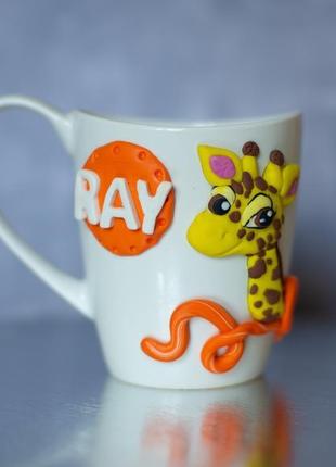 Чашка з декором з полімерної глини. чашка з жирафом4 фото