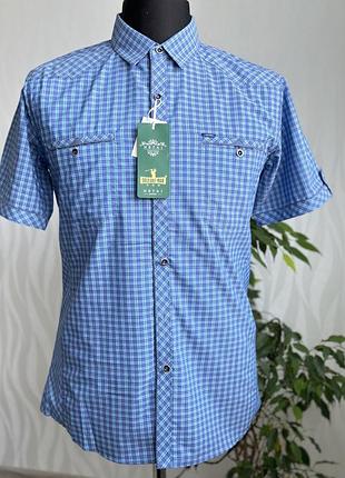 Літня приталена сорочка 48 52 з коротким рукавом в клітинку теніска шведка молодіжна сорочка літо